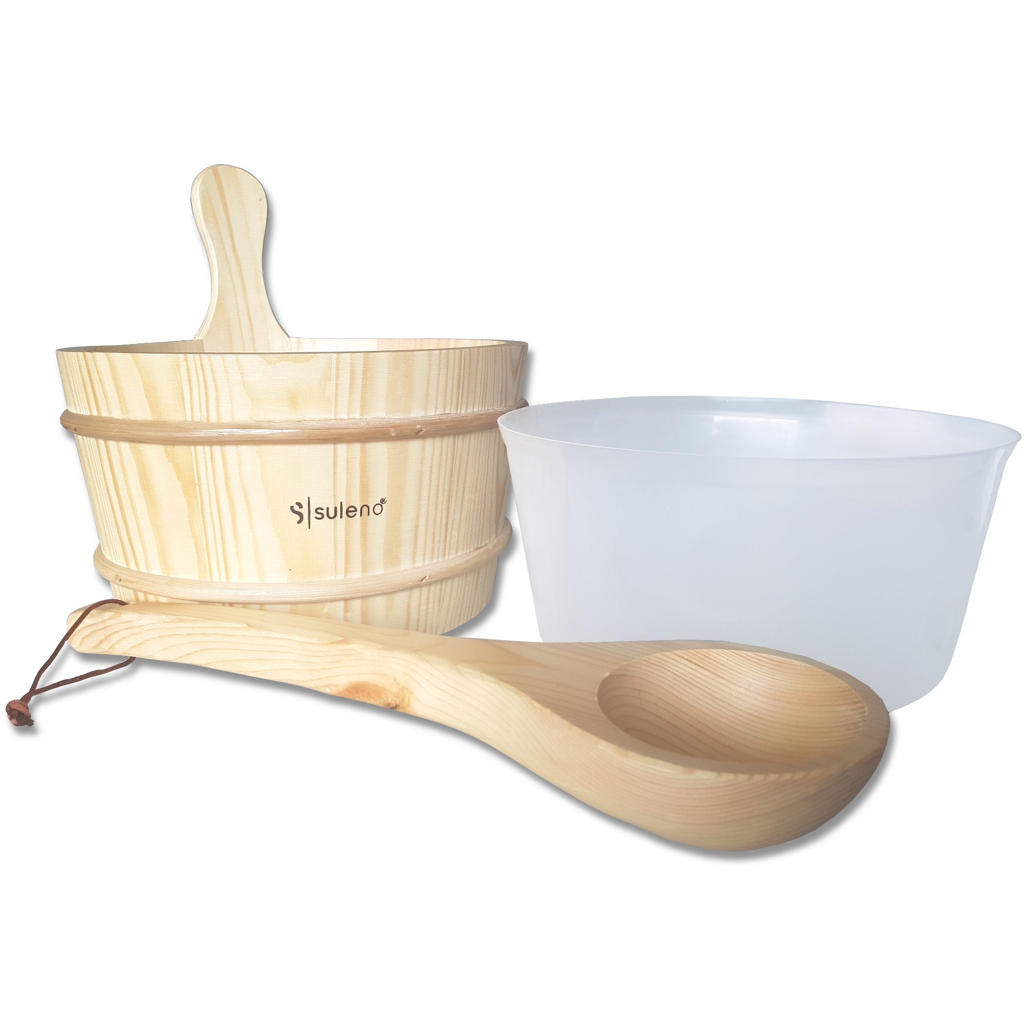Demmelhuber Sauna-Set 3-teilig, Saunazubehör Saunakübel Kunststoffeinsatz | Aufgusskelle Saunakelle Aufgusskübel, Eimer, Saunaeimer, Saunaaufguss, Löffel