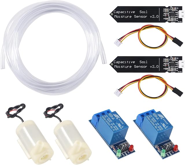 AEDIKO 2 Sets Automatic Irrigation DIY Kit Self Watering System with Capacitive Soil Moisture Sensor 1 Channel 5V Relay Module and Water Pump + 2M Vinyl Tubing for Garden Plant Flower Herb Potted