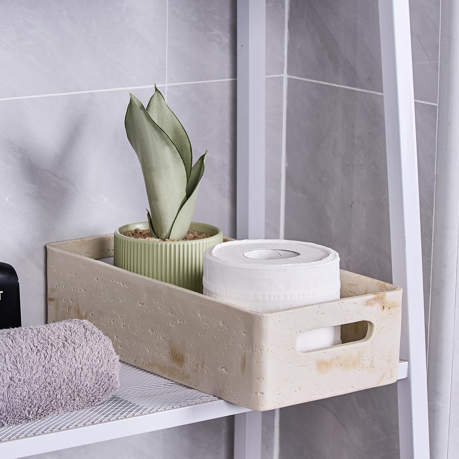 Beige Natural Travertine Textures Roll Toilet Paper Storage Basket with Handle for Bathroom Countertop, Toilet Tank Top Decorative Storage Bin, Resin Small Shelf Basket for Organizing, Heavy & Sturdy