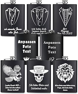 Flachmann mit Gravur aus Edelstahl, 227 ml mit Text und Mustern, Personalisiertes Geschenk für Geburtstag, Weihnachten, Vatertag, Trauzeugen (Gravurtext 01)