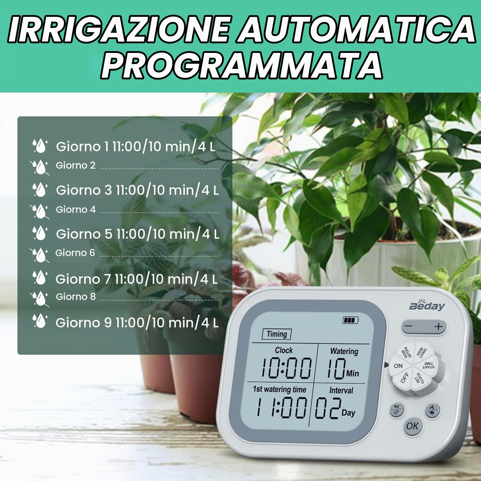 Irrigatore automatico per piante da interno, sistema di autoirrigazione per 15 piante in vaso, kit di irrigazione a goccia automatica, timer per l'irrigazione programmabile, irrigazione con rilevament