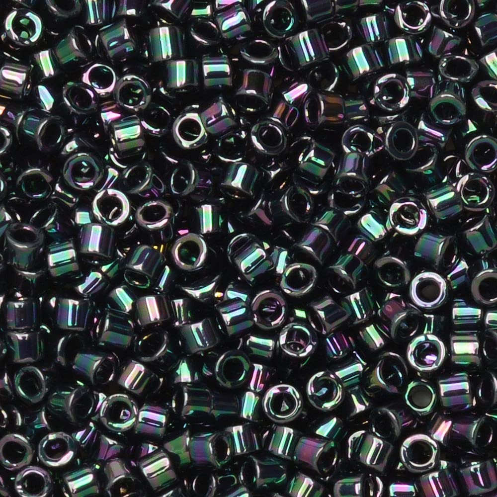 Close-up of Miyuki Delica 11/0 seed beads in Metallic Purple Green Gold Iris color