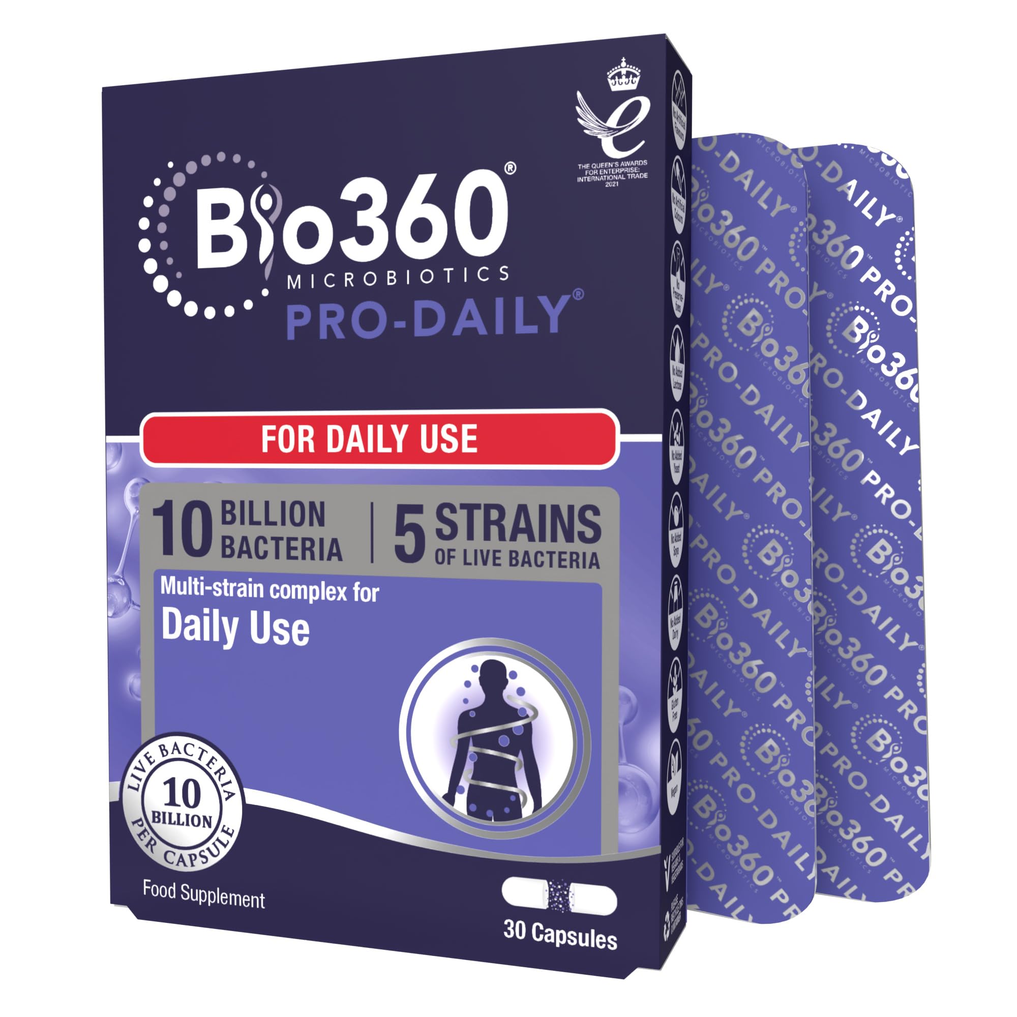 Natures Aid Bio360 Pro-Daily Probiotic 10 Billion Bacteria CFU – Supports Gut Digestive & Immune Health – Vegan Gluten Free Non-GMO – High Strength Live Cultures for Gut Digestion Health – 30 Capsules