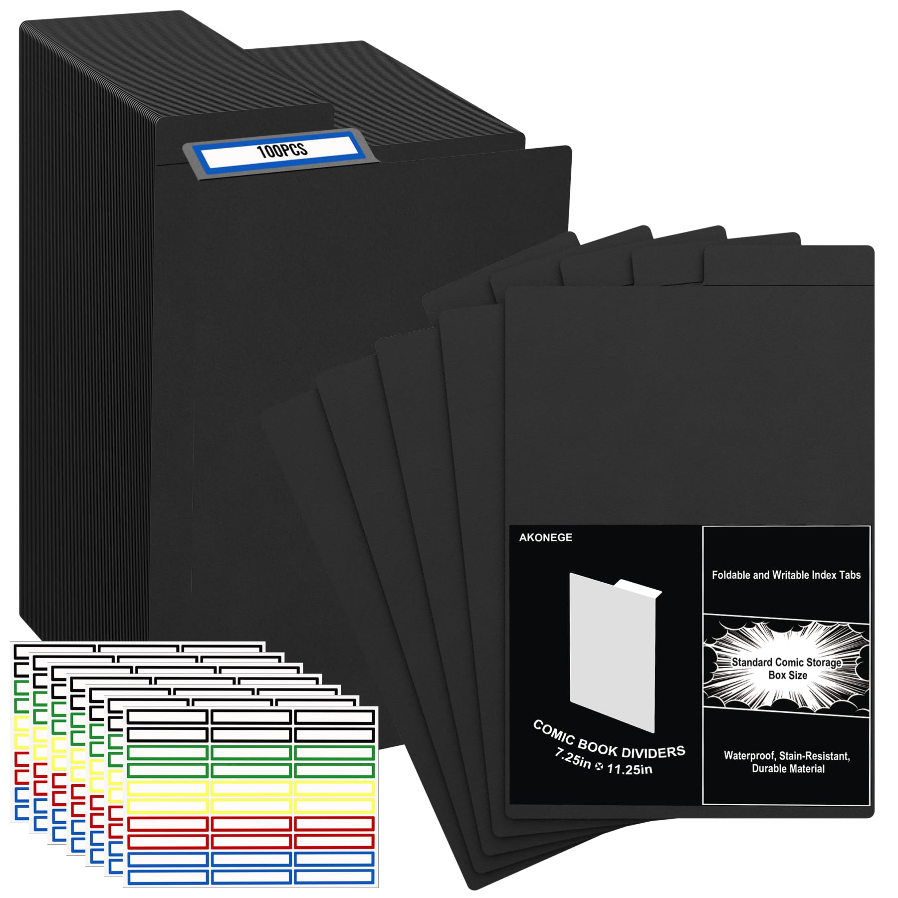 AKONEGE 100 Pack Comic Book Dividers 28PT Thick Black Frosted Plastic Book Dividers with Write-On Tabs & Stickers, 28.5x12.4cm Organize Boards for Comic Storage Boxes, Bins, Magazines, Fabric, File