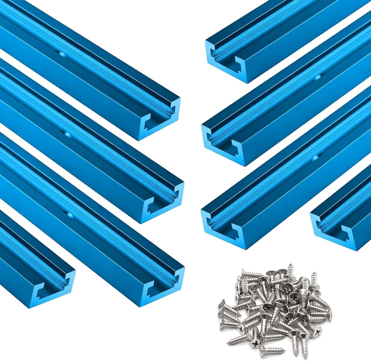 Rieles en T para carpintería, 8 piezas de aluminio de 12 pulgadas, perfil de doble corte universal con agujeros de montaje preperforados, azul claro