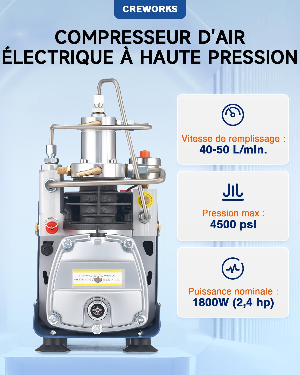 CREWORKS Compresseur à Air Portable Haute Pression 1800W Pompe Air PCP Électrique 310 Bar 50L/min avec Manomètre pour Pistolets à Air pour Bouteille Plongée Réservoir Paintball (Pression Réglable)