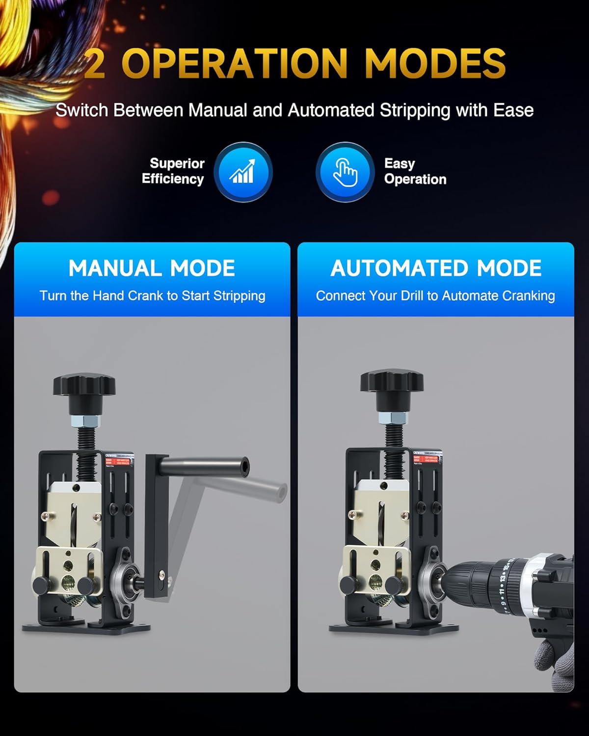 Two operation modes: manual with hand crank and automated with a drill