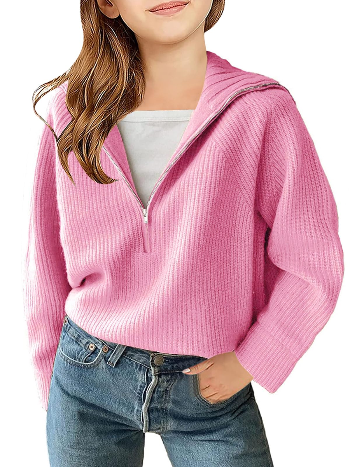 HaloumoningGirls Sweaters Oversized Quarter Zip Pullover Sweatshirts Hoodie Kids Fall Fashion Outwear Tops
