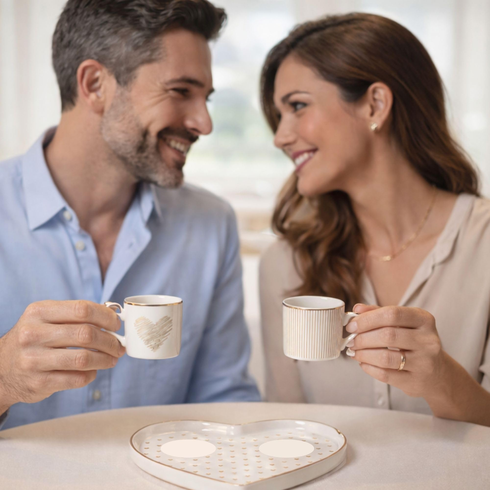 NAMAI - Set di 2 Tazzine Caffè con Vassoio a Forma di Cuore, 17,5x15,5x6h CM, New Bone China, Adatte in Lavastoviglie e Microonde, Regalo Coppia (Cuori)
