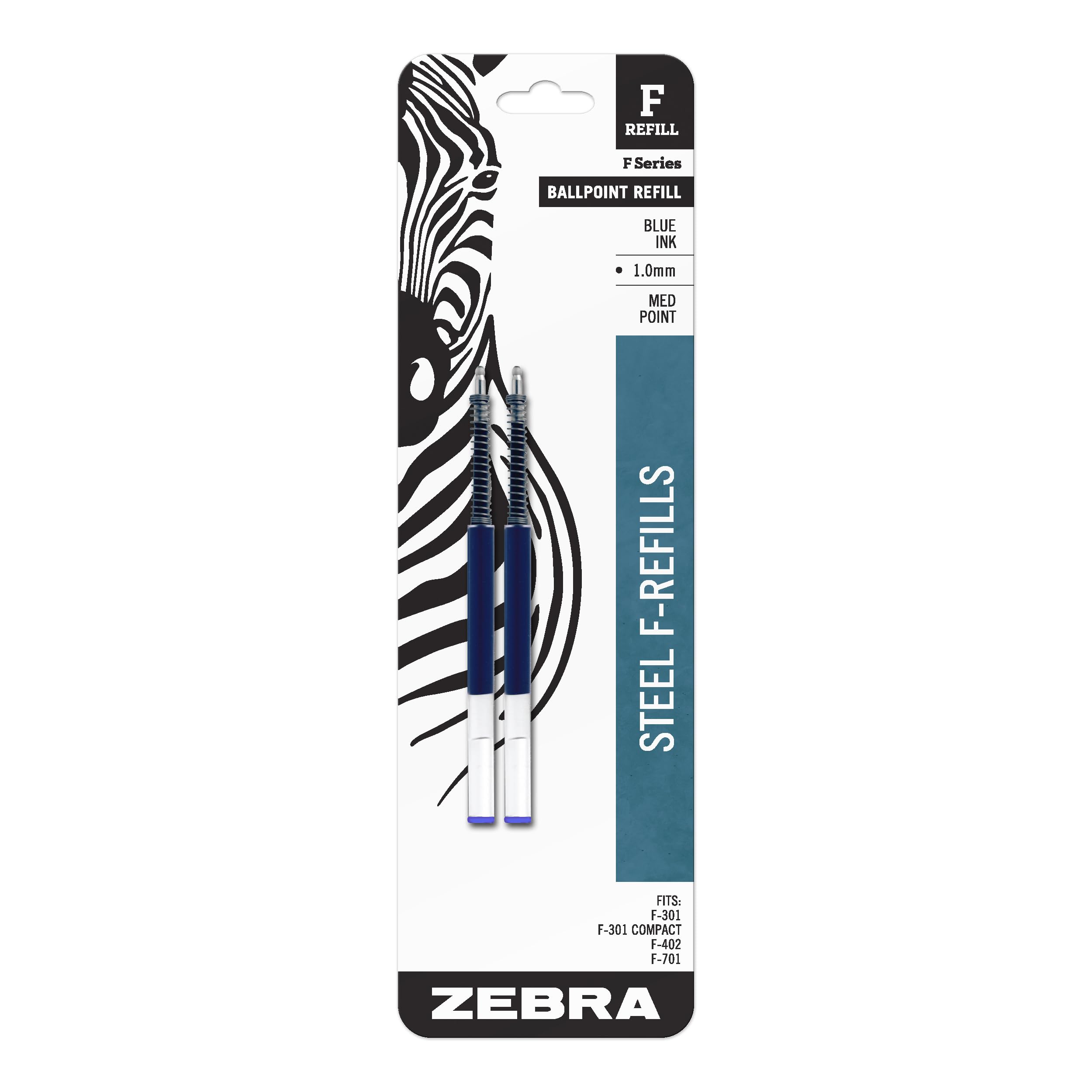 ZEBRA Pen F-Series Stainless Steel Ballpoint Refill, 2-Pack Assorted Ink Colors, 1.0mm Medium Point, Smooth Writing for Everyday Use (85422)