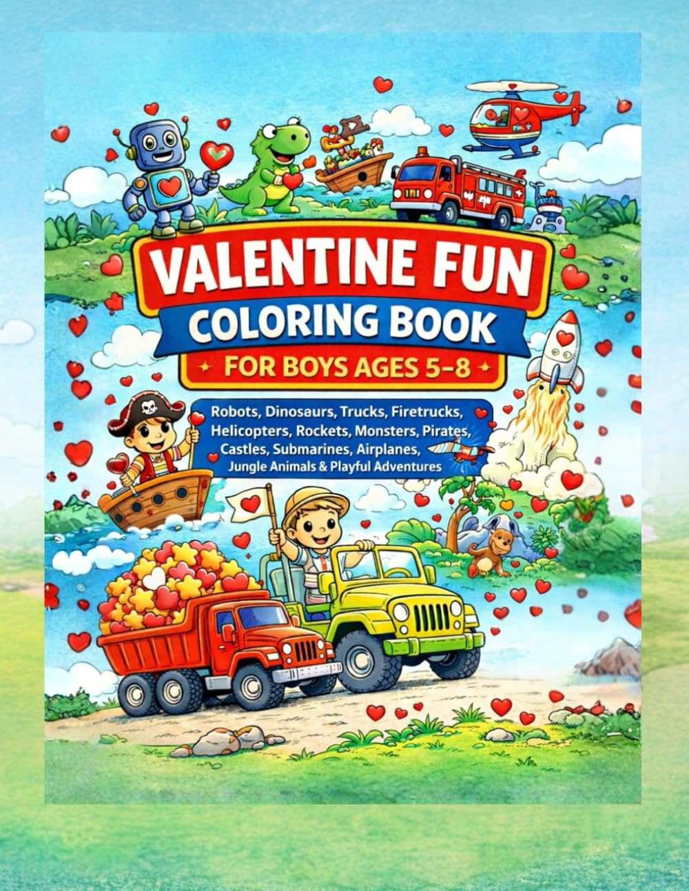 VALENTINE FUN COLORING BOOK FOR BOYS AGES 5-8: Robots, Dinosaurs, Trucks, Firetrucks, Helicopters, Rockets, Monsters, Pirates, Castles, Submarines, Airplanes, Jungle Animals and Playful Adventures
