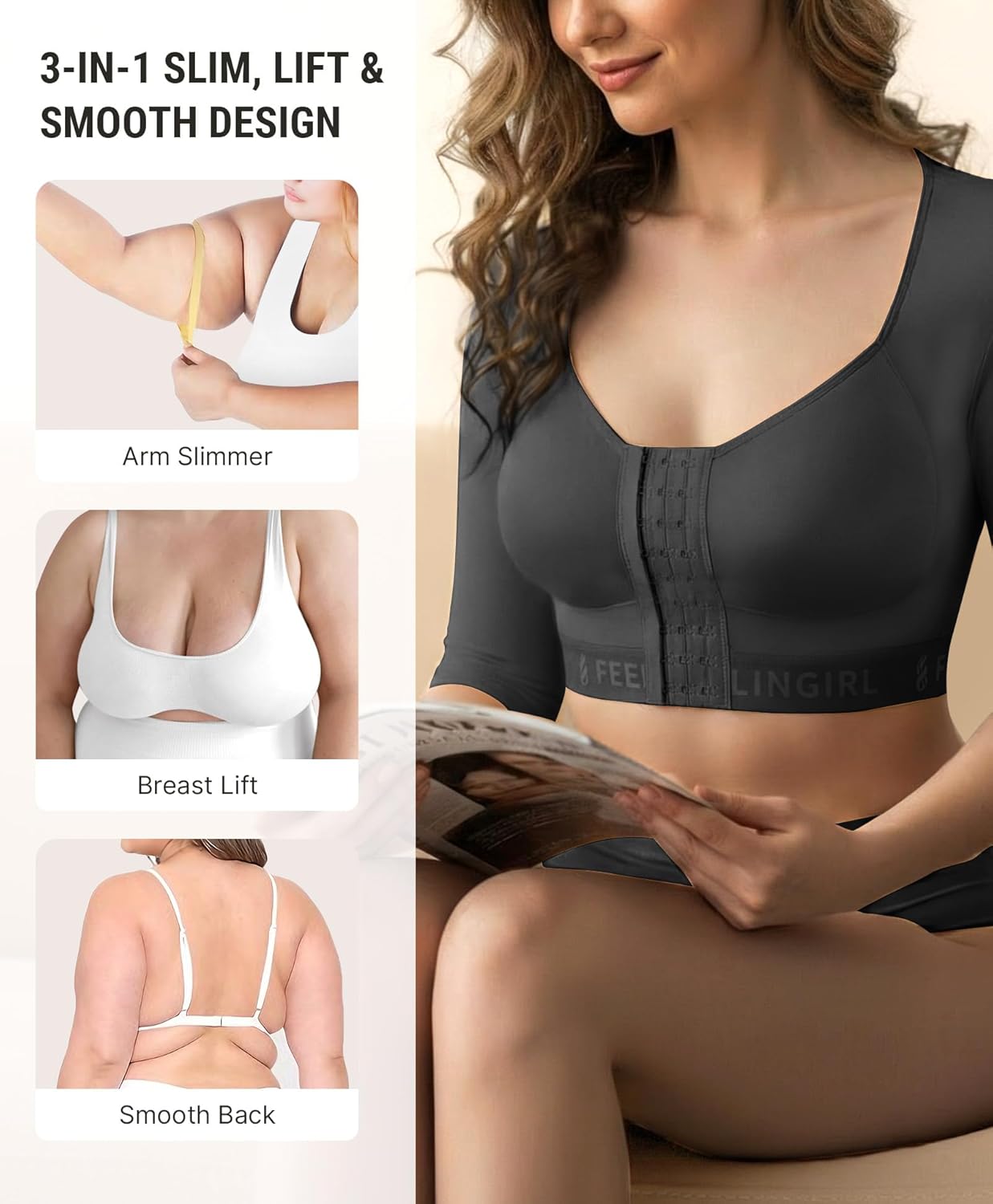 FeelinGirl Arm Compression Sleeve Women Upper Arm Shaper Post Surgery Front Closure Shapewear Bra