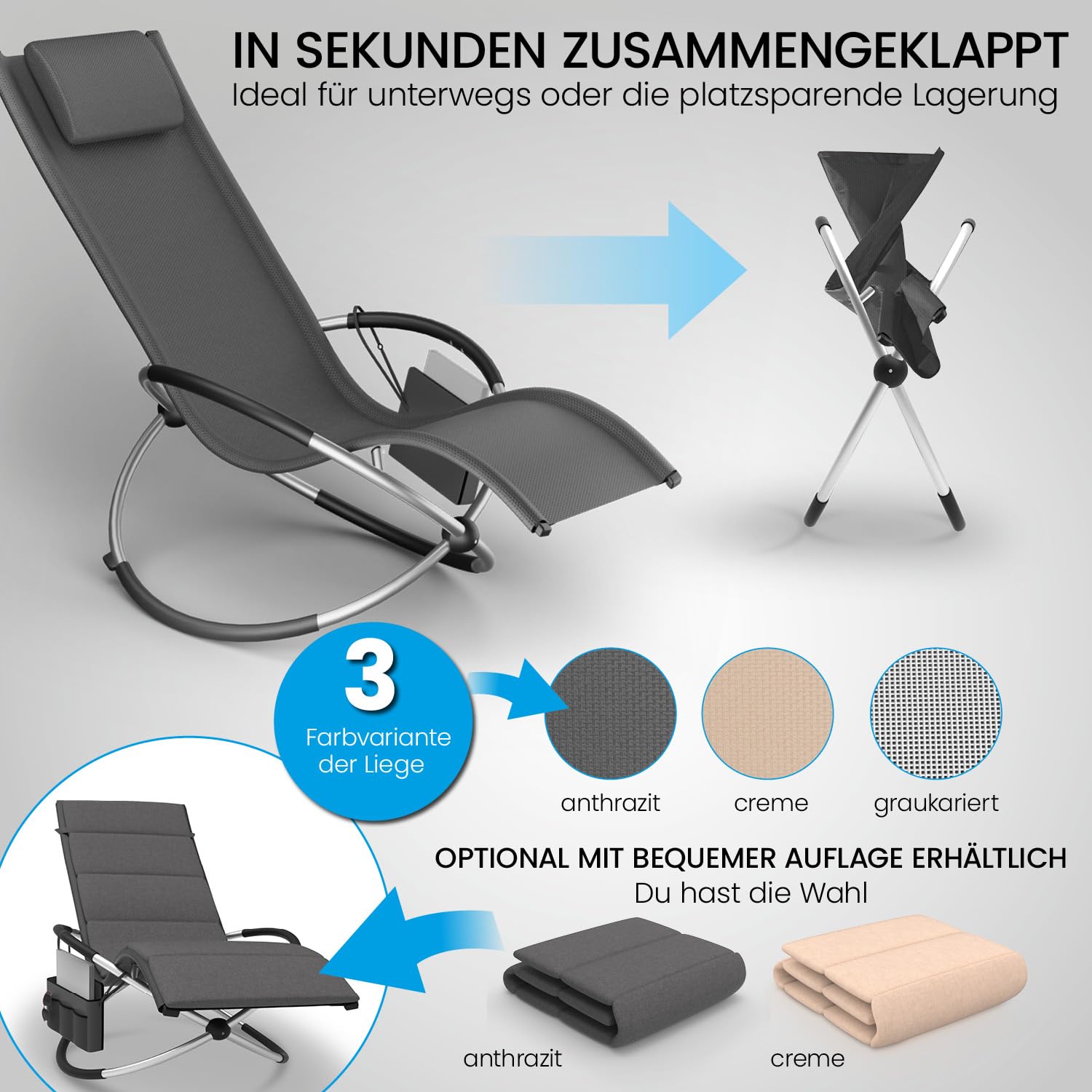 ELONEO Schaukelliege Outdoor mit Tasche, Relaxliege bis 180 kg Belastbarkeit, Schaukelsessel Outdoor, Liegestuhl wetterfest, Sonnenliege für Garten und Balkon, anthrazit