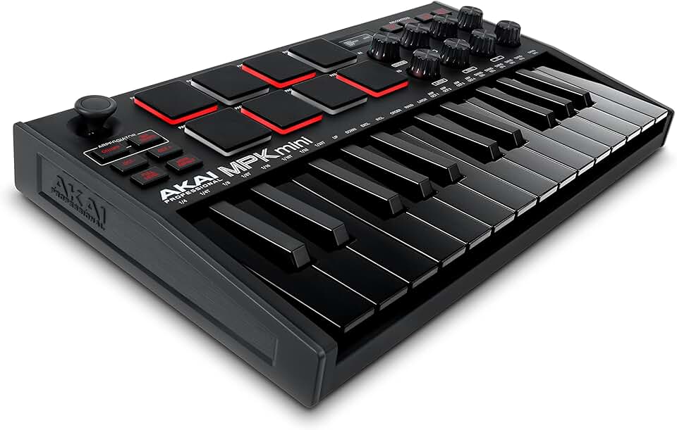 Akai Professional MPK Mini MK3 25 Key USB MIDI Keyboard Controller With 8 Backlit Drum Pads, 8 Knobs, Music Production Software and Native Instruments Sound Package (NKS Integration), Black