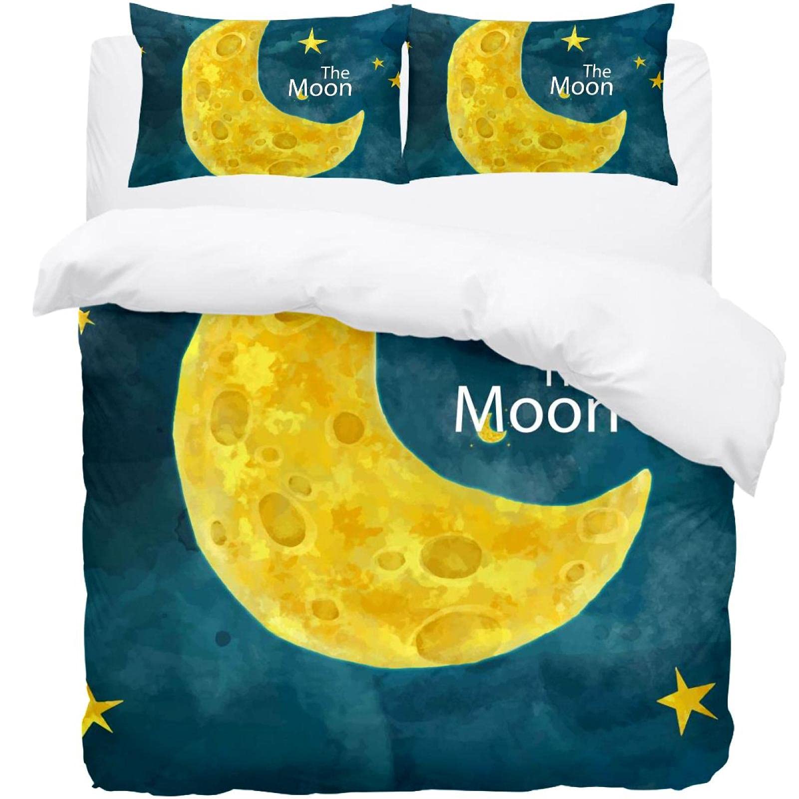 Parure de lit simple 3 pièces lune et étoiles avec housse de couette et taies