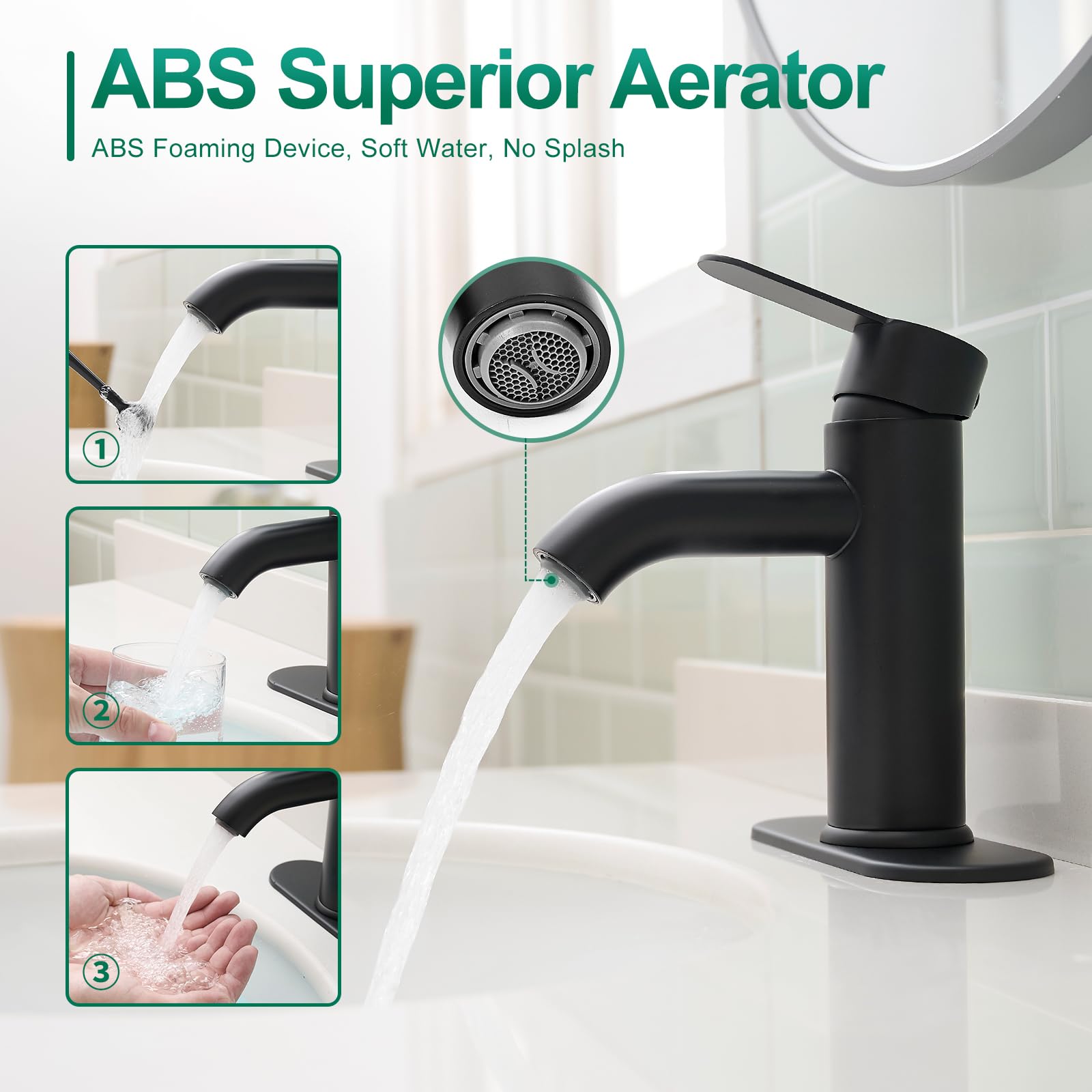 Grifo de Lavabo de baño Negro Mate, Monomando de Acero Inoxidable para lavabos de 1 o 3 Orificios con encimera, desagüe emergente y mangueras de Suministro.