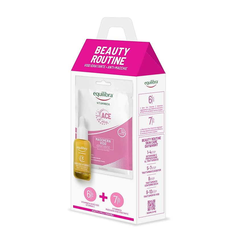 Equilibra, Beauty Routine Viso Idratante Anti-macchie, Contiene 1 Maschera Viso in Tessuto 100% Naturale e 1 Siero Viso Vitamina C, per Pelle Spenta e Stressata, Set Viso per Skincare Routine