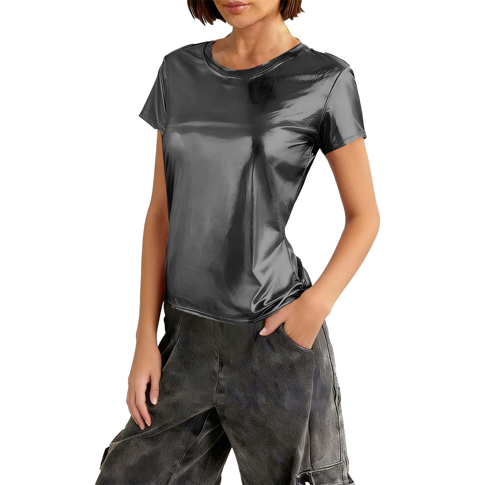 Silver Metallic Look Tops Women Glitter Space Alien Costume 80s Style Party Dance Disco Carnival Blouse Shiny Holographic Tunic Fitted Short Sleeve Tops Festival Hip-Hop Disco Club Clothing — image 1