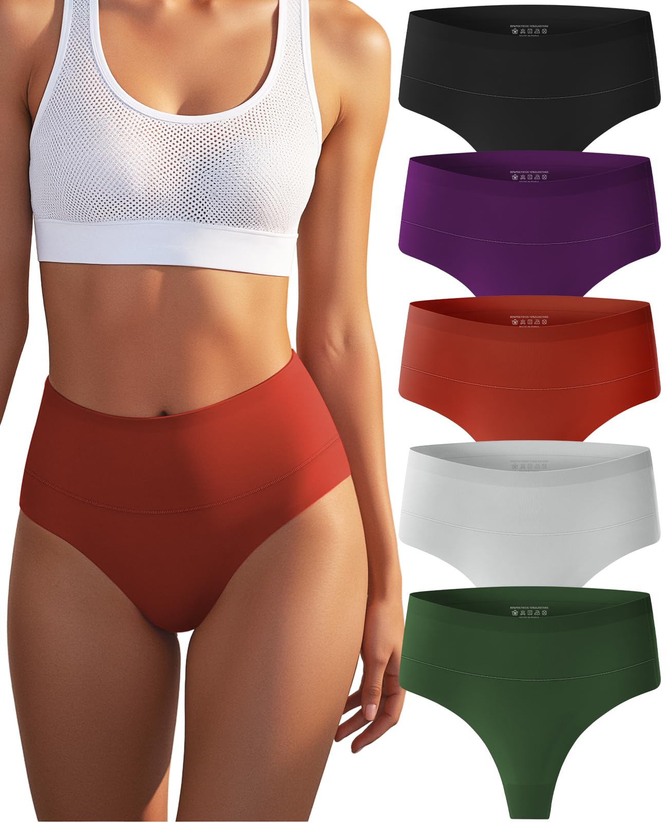 Sazoox Thongs for Women High Waisted Sexy Seamless Underwear Comfortable Breathable Panties 5 Pack
