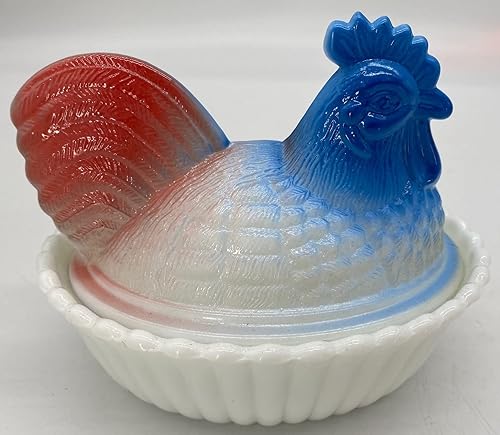 Plato de pollo cubierto Gallo de cristal de 2 piezas sobre base nido Molde de vidrio Westmoreland Estados Unidos (rojo blanco azul)