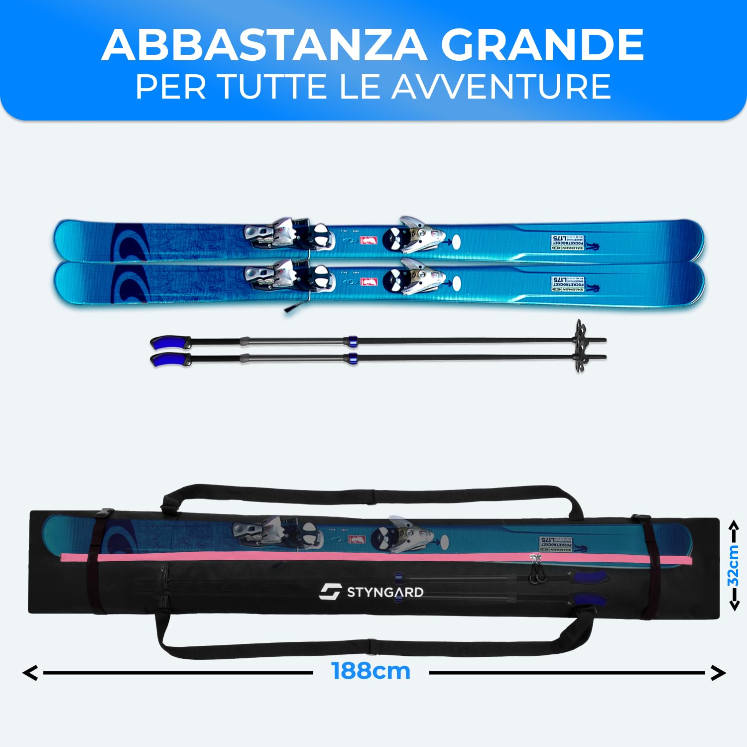 STYNGARD Sacca porta sci [fino a 180 cm] - Borsa sci in materiale resistente con cerniere di alta qualità - Modello Aspen