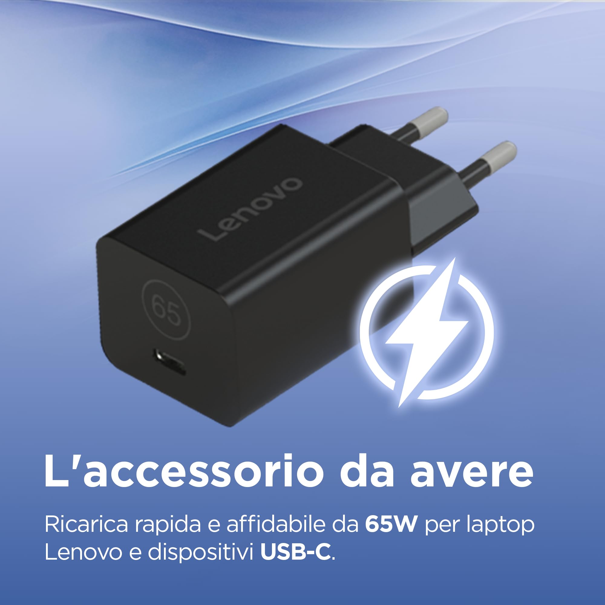 Lenovo GaN Nano 65W Adapter EU, caricatore USB-C da 65W con tecnologia GaN, cavo 1,8 m e volume 49 cc, per notebook e mobilità