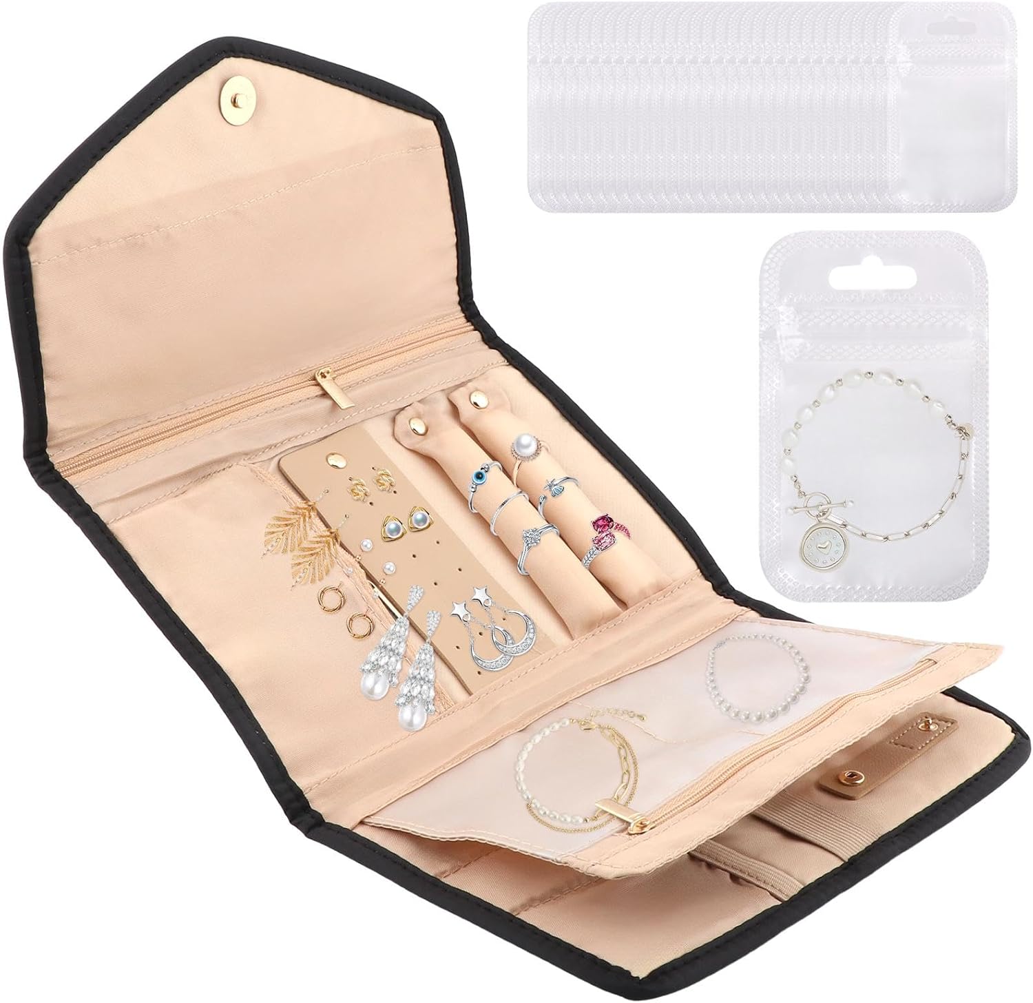 Travel Jewelry Organizer Case, Foldable Jewelry Storage Roll with 50 pcs Transparent Self Sealing Bag for Store Necklaces Earrings Bracelets Rings, Travel Essentials Girls Gifts(Black) Travel Jewelry Organizer Case, Foldable Jewelry Storage Roll with 50 pcs Transparent Self Sealing Bag for Store Necklaces Earrings Bracelets Rings, Travel Essentials Girls Gifts(Black)