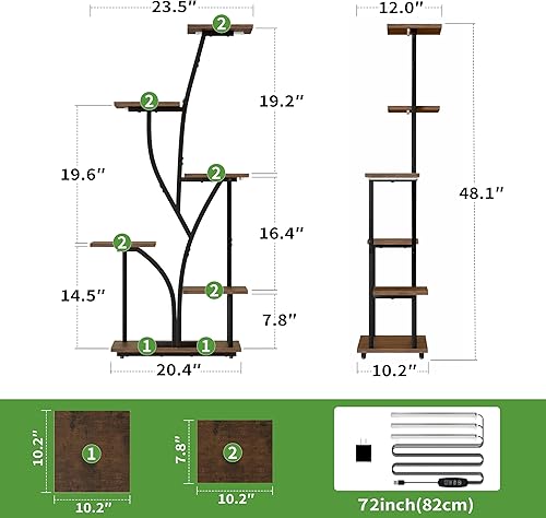 Miniatura 6 de POZILAN Soporte para plantas de interior con luz de crecimiento, estante alto para plantas de 7 niveles para interiores, soportes de esquina de 47