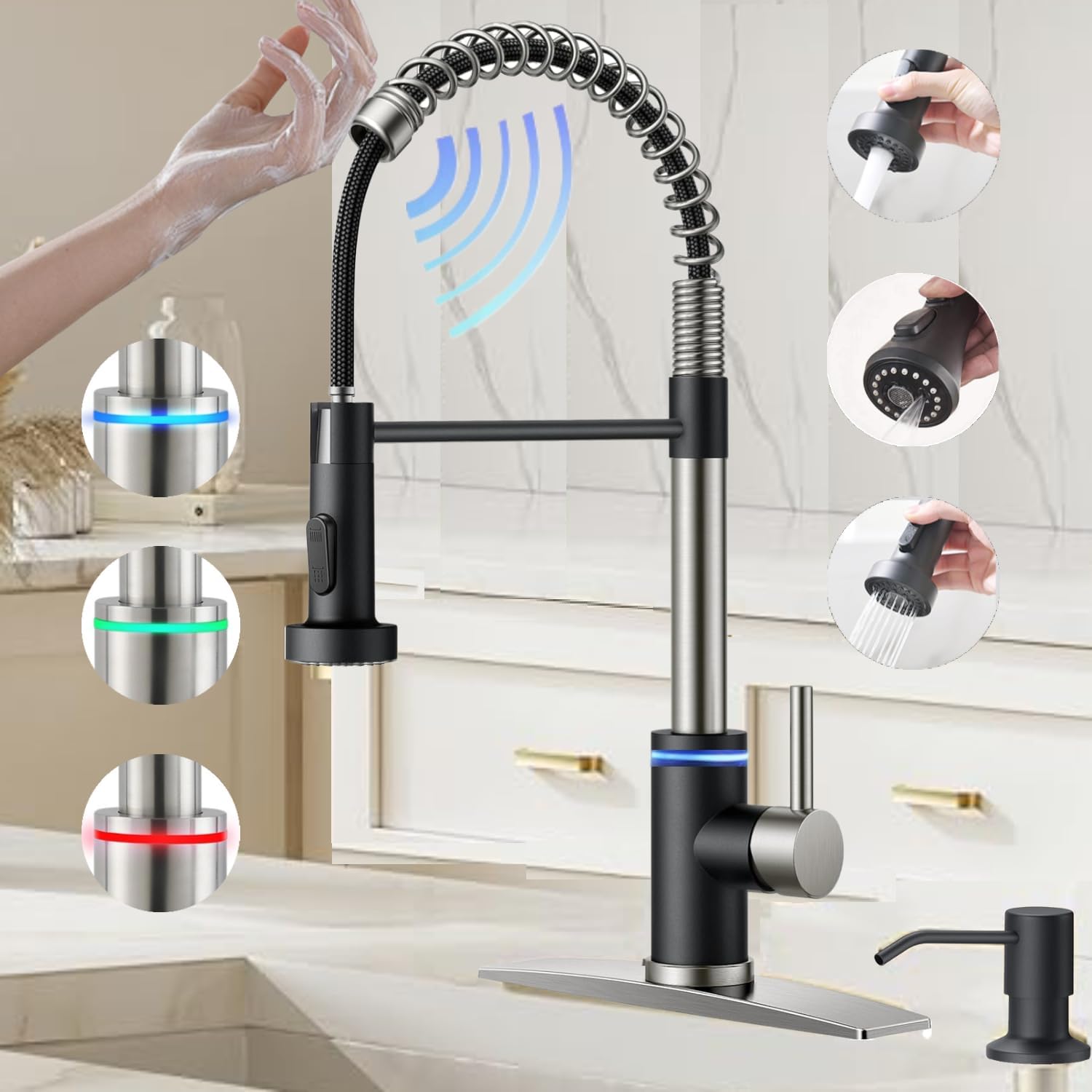 Touch On Kitchen Faucet, 3 Modes Pull Down Sprayer, Sensor Activated, LED Temperature Control, 360-Degree Rotation, 1 or 3 Hole Deck Plate. 10-Year Warranty.(Black/Brushed Nickel,KW-66NR)