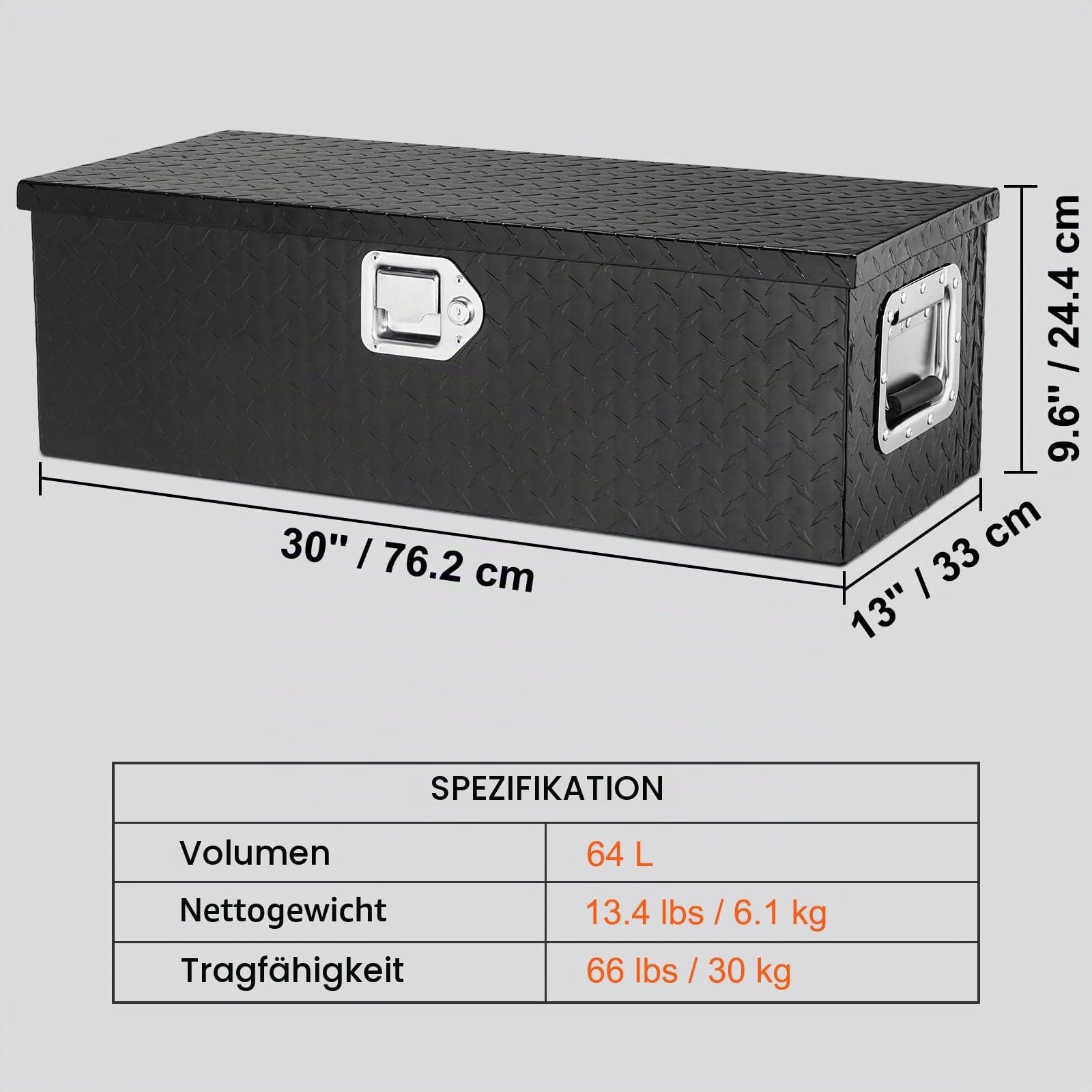 VEVOR 762 x 330 x 244 mm Werkzeugkasten für LKW-Ladefläche, Abschließbar 64 L Truckbox Werkzeugbox Aufbewahrungs-Werkzeugkasten, 30 kg Tragfähigkeit Werkzeugkiste Organizer für Wohnmobil, PKW usw.