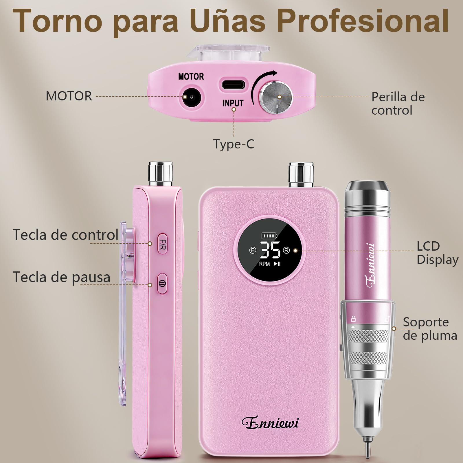 Torno para Uñas 35000RPM para Uñas de Gel, Taladro Eléctrico Recargable con Pantalla LED, Portátil, Bajo Ruido, Kit Profesional para Manicura y Pedicura para Hogar y Salón, 48W, Rosa