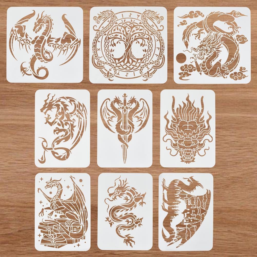 FINGERINSPIRE 9 Pcs Dragon Painting Stencil 9 Styles Chinese Asian Oriental Dragon Big Template 8.3x11.7" 11.8x11.8" Reusable Dinosaur Dragon King Sword Pteranodon Dragon Head Wall Decor Stencil