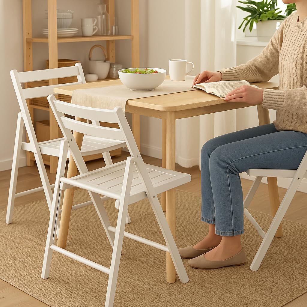 Ergode Robin 4-Piece Folding Chair Set, Solid Wood, Walnut Finish, White Accents, Compact and Comfortable Slatted Seat Chairs for Dining, Card Games, Extra Seating, Fully Assembled