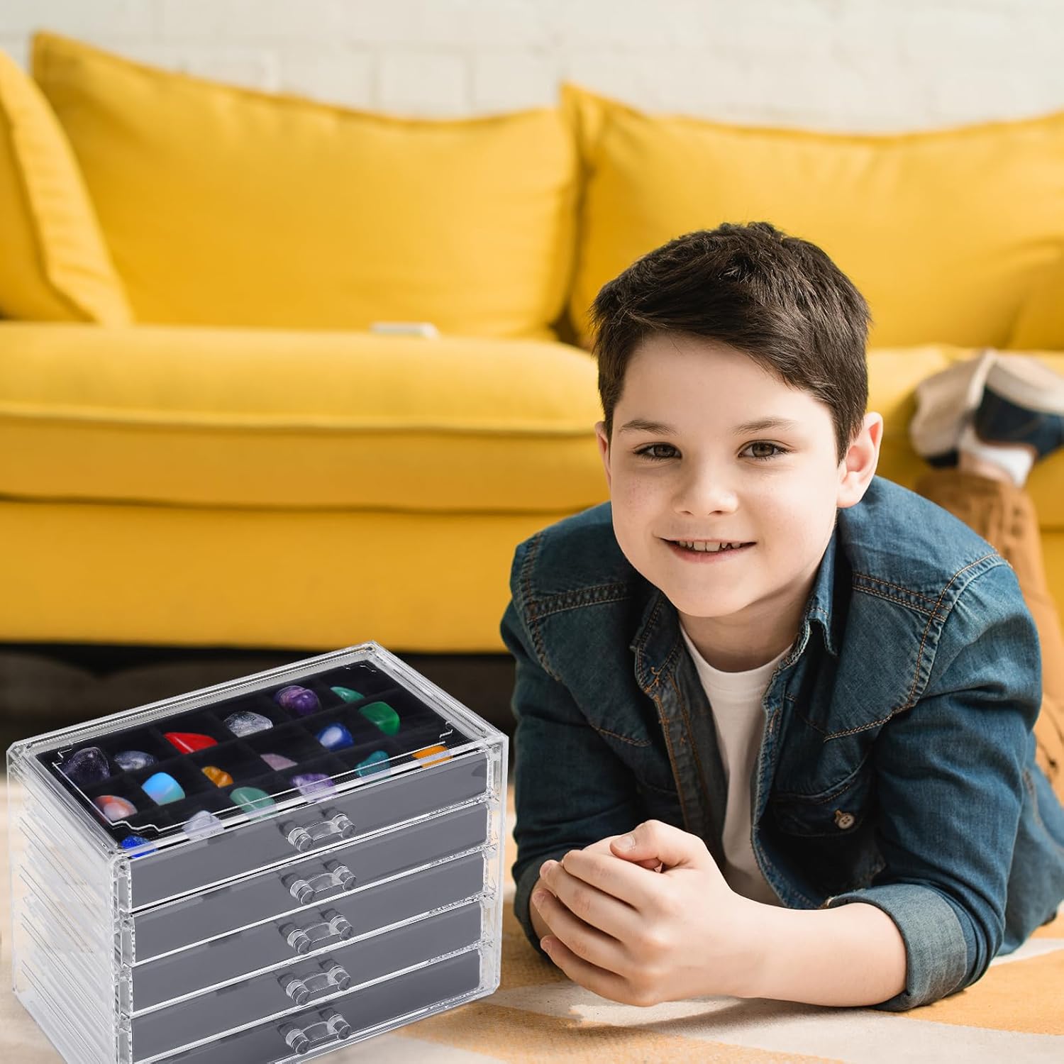 Misdary 90 Grid Rock Collection Box Clear Acrylic Display Case for Kids 5 Drawers Velvet Insert Rock Storage Box for Collectibles Crystal Display Shadow(Black)