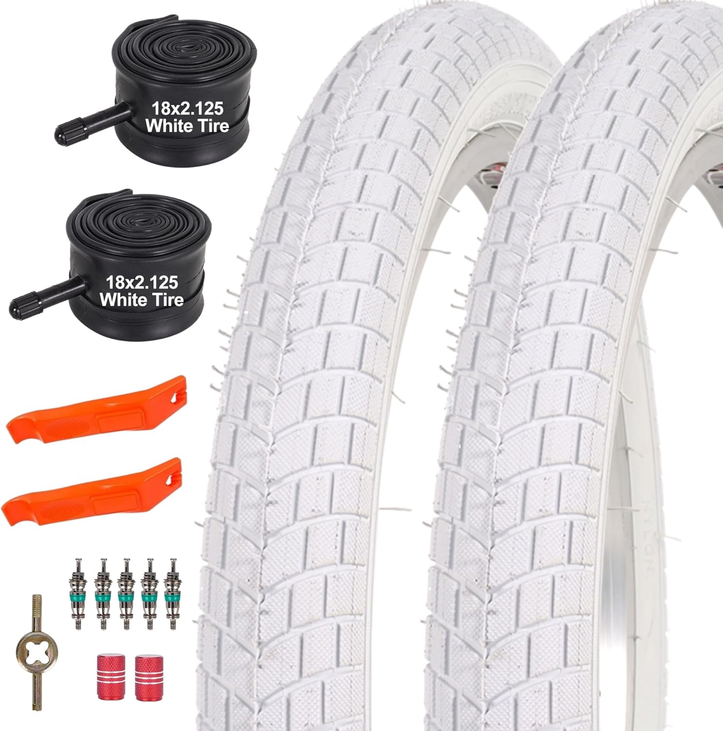 2 Sets 18 Inch Kids Bike Tire White Color, 18x2.125 Street Bike Tire and Tube Straight Stem Compatible with BMX Joystar Balance Bike Road Bicycle Folding Bike