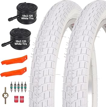 2 Sets 18 Inch Kids Bike Tire White Color, 18x2.125 Street Bike Tire and Tube Straight Stem Compatible with BMX Joystar Balance Bike Road Bicycle Folding Bike