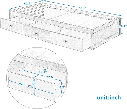 Miniatura 2 de Bellemave Cama de plataforma de tamaño individual con 3 cajones de almacenamiento, plataforma de madera maciza con listones de apoyo para niños y