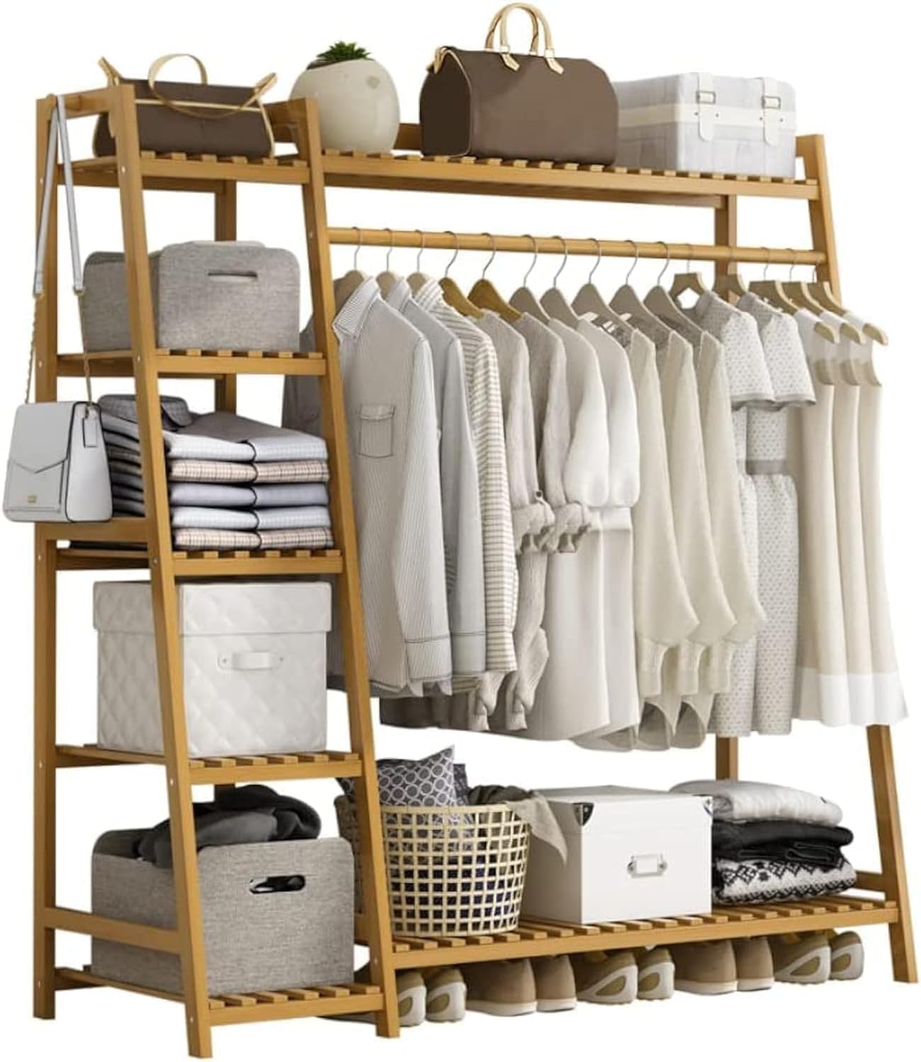 Uptyia Garment Rack,Bamboo Clothes Hanging Rack with Side Hooks, Heavy Duty Clothing Rack (Style B-110CM, Natural)