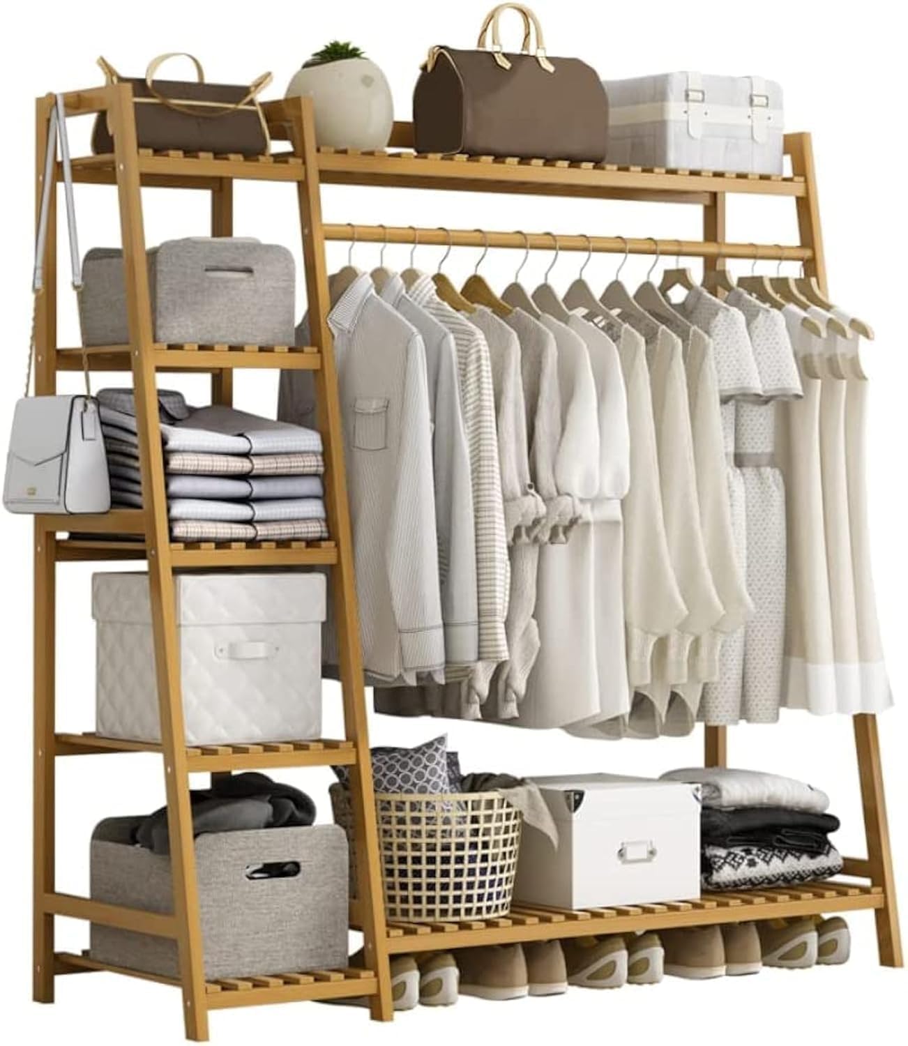 Uptyia Garment Rack,Bamboo Clothes Hanging Rack with Side Hooks, Heavy Duty Clothing Rack (Style B-110CM, Natural)