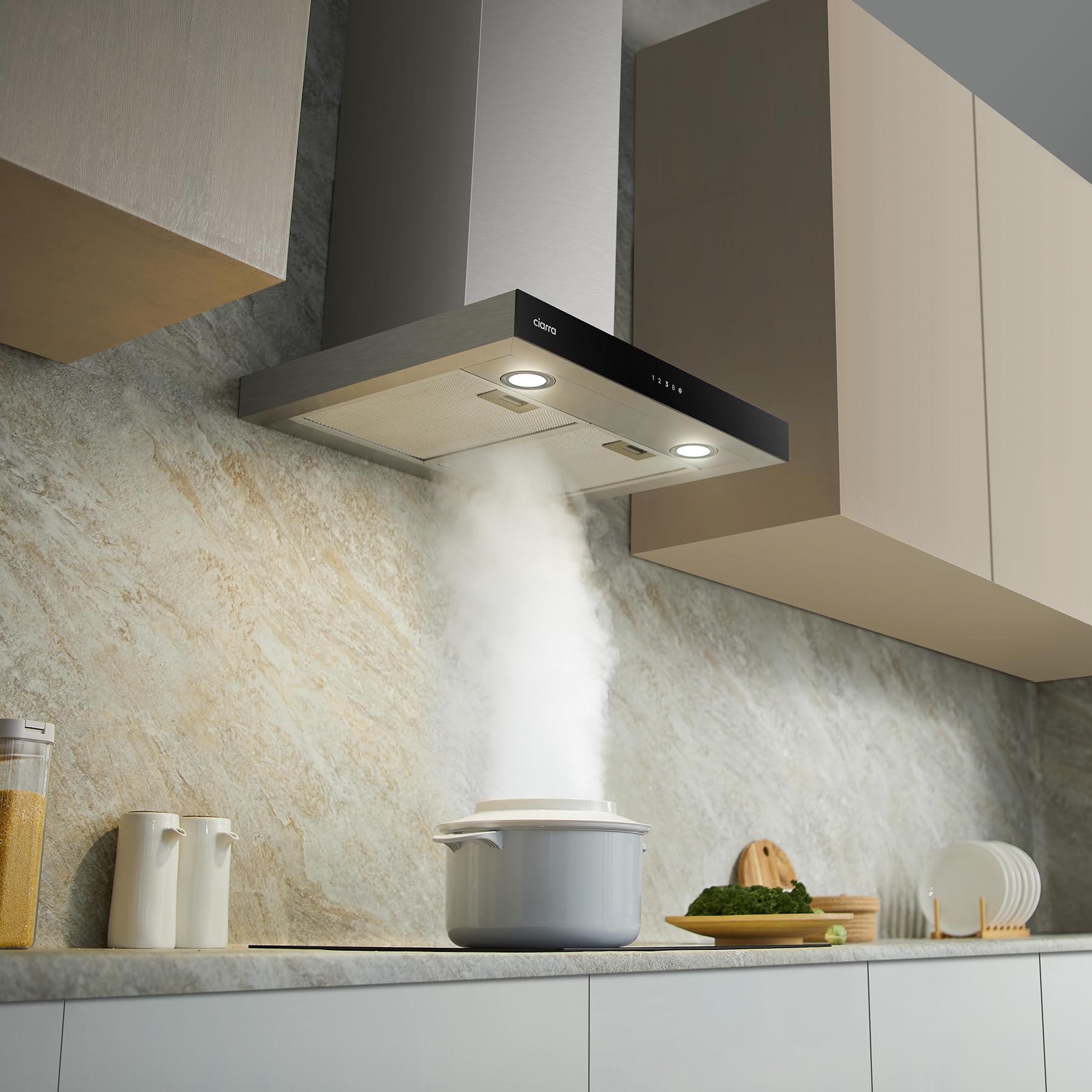 CIARRA CBCS6102 Classe A+++ Cappa Aspirante 60 cm 650 m³/h Touch Control 4 Livelli Inclusa Booster Scarico Ricircolo Aria Montaggio a Parete Acciaio Inox con Filtri Carbone CBCF003