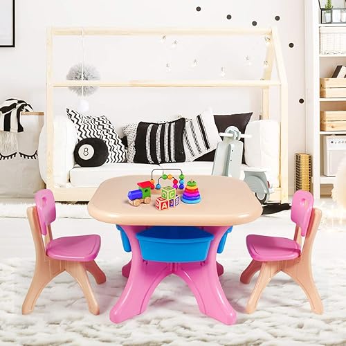 Miniatura 8 de HONEY JOY Juego de mesa y silla para niños, mesa de actividades de plástico para niños y 2 sillas con contenedores de almacenamiento, juego de