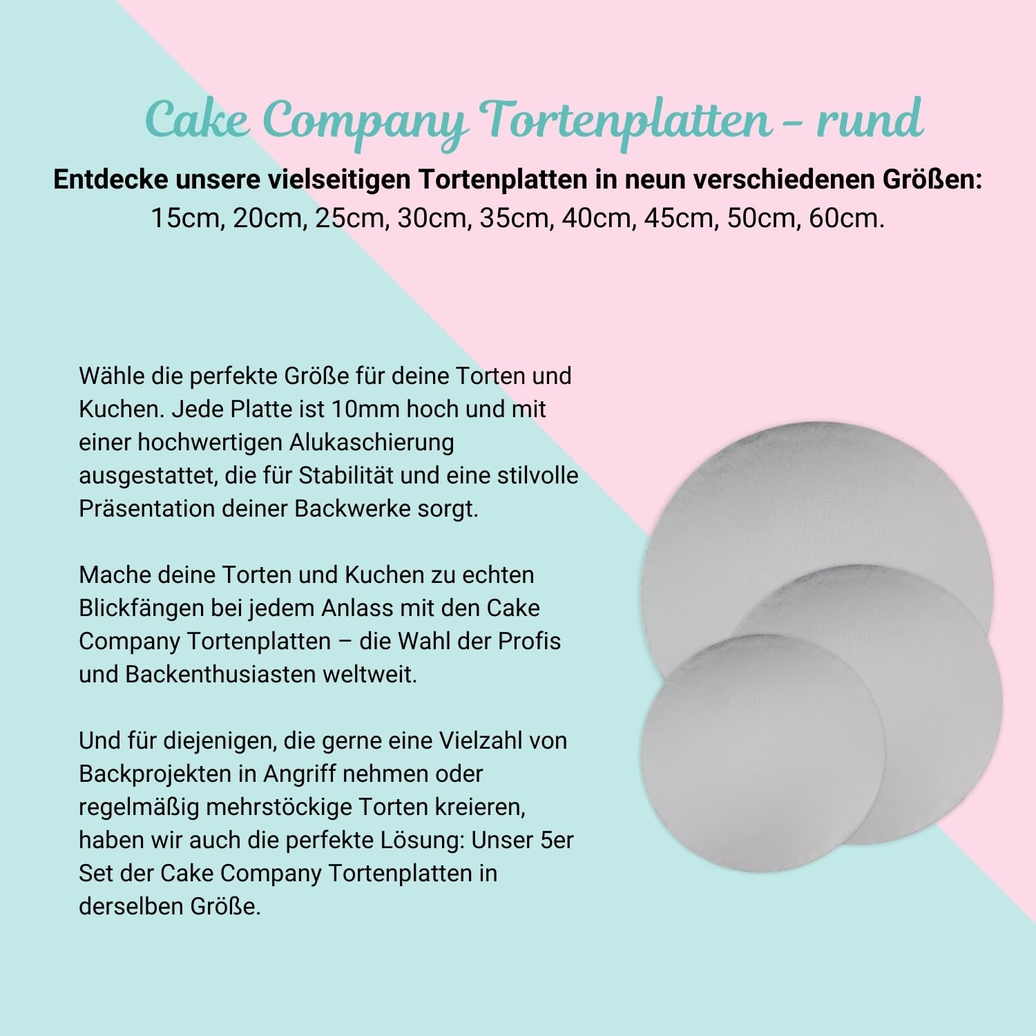 Cake Company Tortenplatte rund 35 cm Ø | 5 Stück, 10mm dick | Cake Board rund | auch für dicke und mehrstöckige Torten | hochwertige silber Alukaschierung