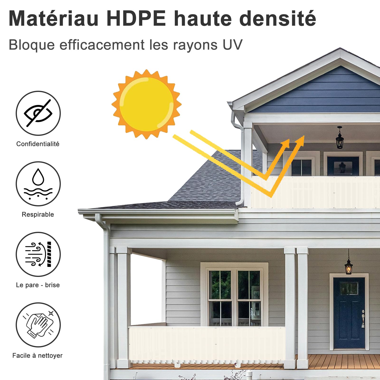 HENG FENG Brise Vue pour Balcon 1x5m,HDPE Cache Balcon,Protection 95% UV, Résistant aux Déchirures et au Vent, avec Attaches de Câble, Crème