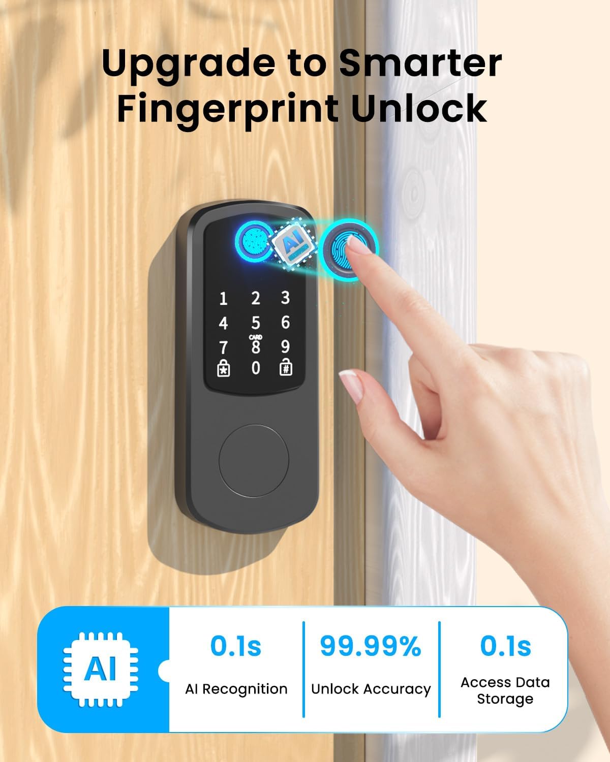 Image showing a finger unlocking the smart lock via fingerprint recognition in 0.1 seconds.