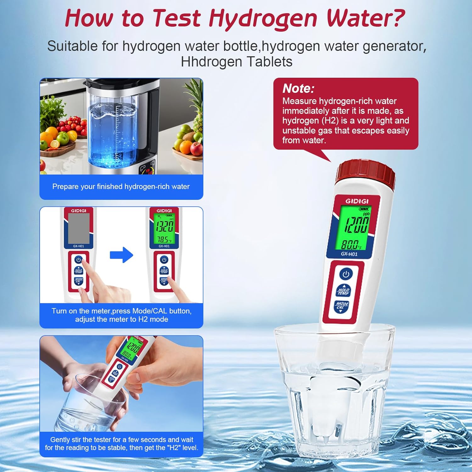 Hydrogen Water Tester,Digital ORP Meter for Drinking Water,6-in-1 pH TDS Tester,pH ORP TDS EC H2 and Temperature Meter for Drinking Water, Hydroponics, Pools, Aquariums Fish