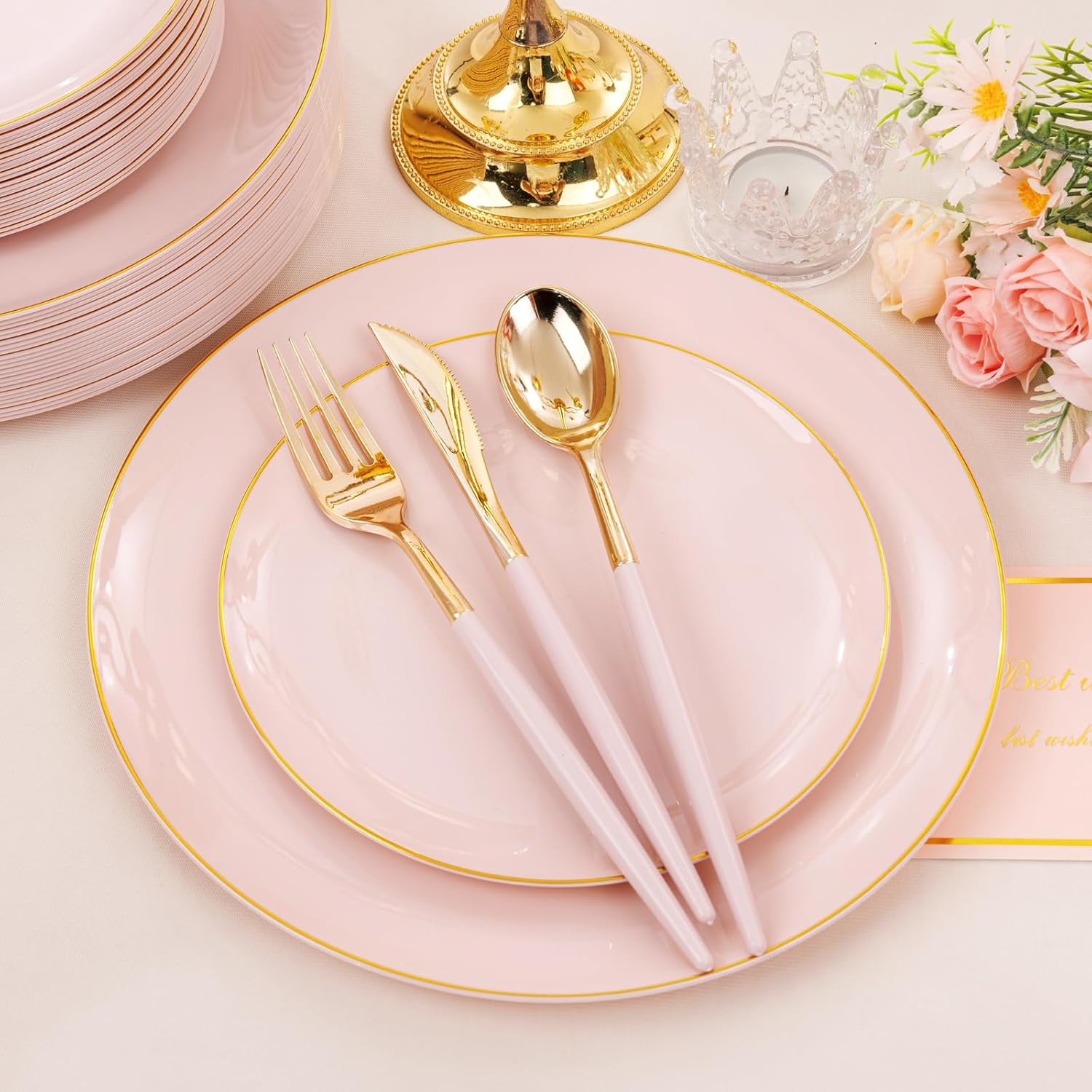 DaYammi 150Pcs Pink Plastic Plates with Gold Rimmed,Heavy Duty Plastic Plates - Pink Disposable Plate Included 30 Dinner plate,30 Dessert plate,30 Knives,30 Forks,30 Spoons for Mother's Day Party