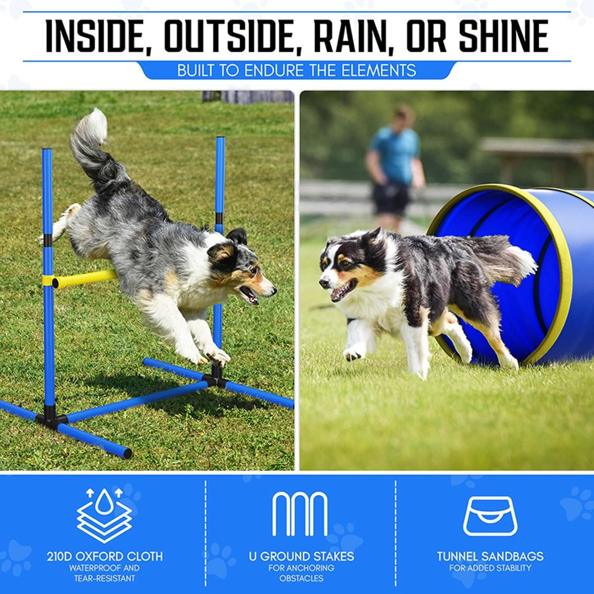 Hunde-Agility-Trainingsgeräte-Set, Hunde-Agility-Hindernistrainingskurse-Kit mit Hundetunnel, Agility-Webstangen, verstellbare Hürden