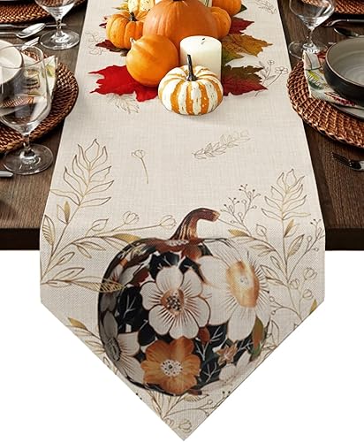 Camino de mesa de Acción de Gracias, textura de calabaza, flor de lino, bufanda de lino con hojas doradas, cocina, comedor, hogar, granja,