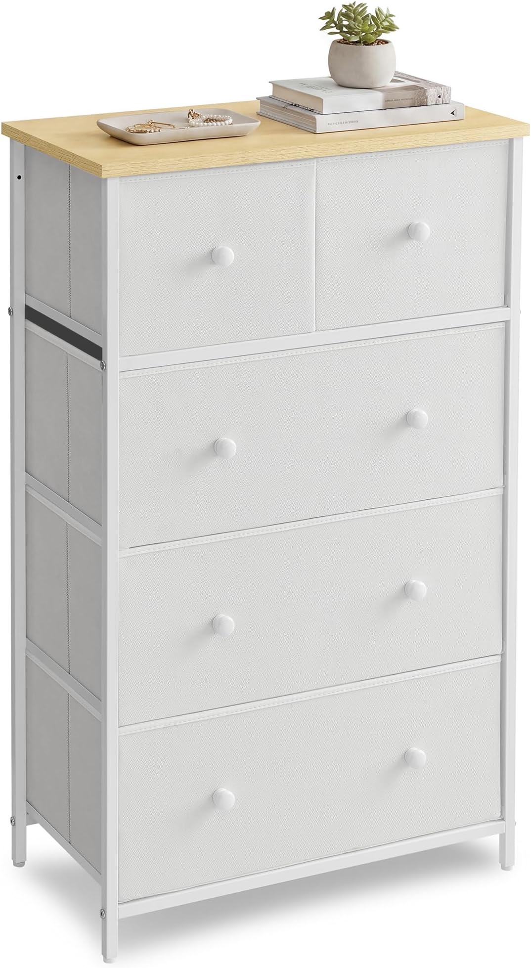 SONGMICS Drawer Dresser, Storage Dresser Tower with 5 Fabric Drawers, Organizer Unit, for Living Room, Hallway, Cream White and Oak BELLAH Collection LTS514WH01