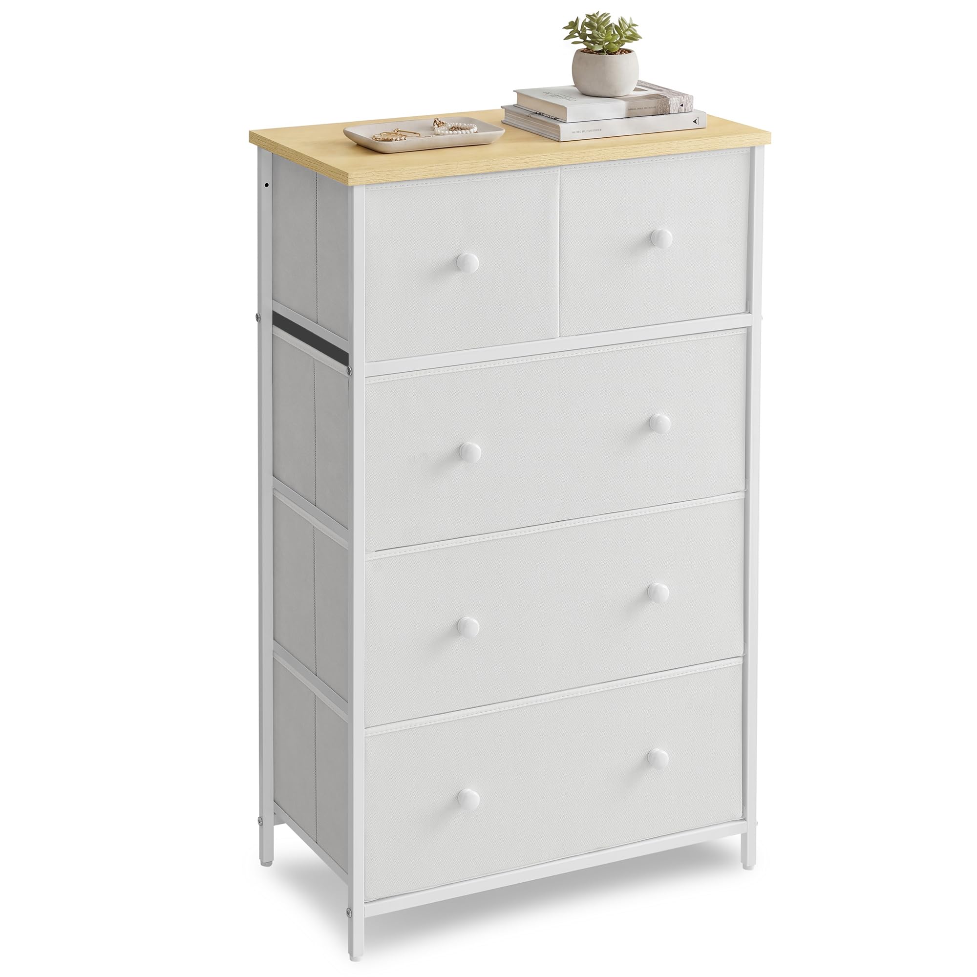 SONGMICS Chest of Drawers, Fabric 5-Drawer Storage Organiser Unit, Dresser, for Living Room, Hallway, Nursery, White and Oak LTS514W57